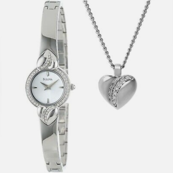 Bulova Women\'s 96X111 Crystal Pendant & Bangle Set Analog Watch 21mm White Dial
